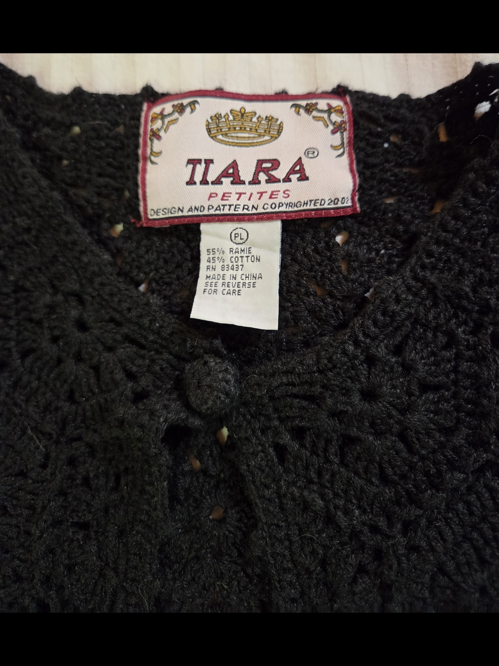 Vintage Tiara Petites Black Women's Black Crochet Knit Button-Front Cardigan - Picture 3 of 7